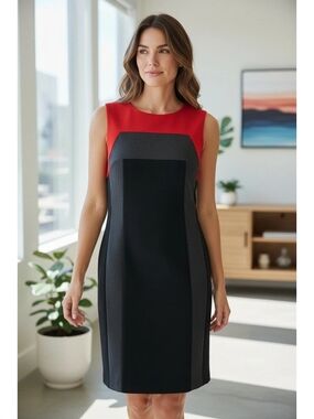 Colorblock Sheath Dress in Red and Black By TRIBAL - Size 6